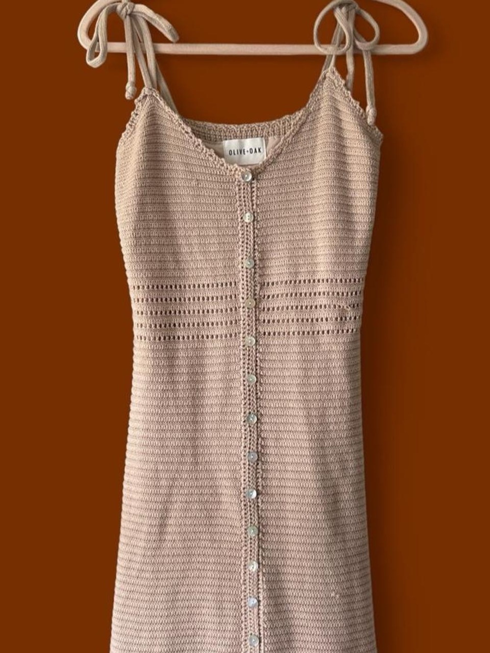 Olive & Oak Beige Crochet Button-Front Tie-Strap Camisole Dress